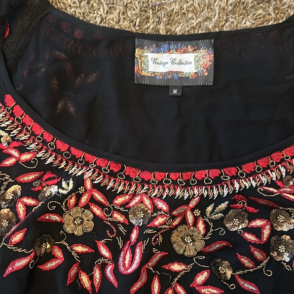 Vintage Collection Black Asymmetrical Blouse W/ Red + Gold Beading Size Medium - Picture 4 of 8